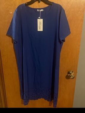 Meaneor Cobalt Blue Short Sleeve Mini Dress with Laser-Cut Hem